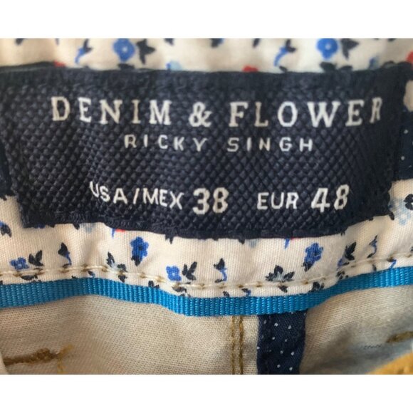DENIM & FLOWER Ricky Singh Gold + Blue Hibiscus Print Men's Shorts NWOT Size 38 - Picture 3 of 8